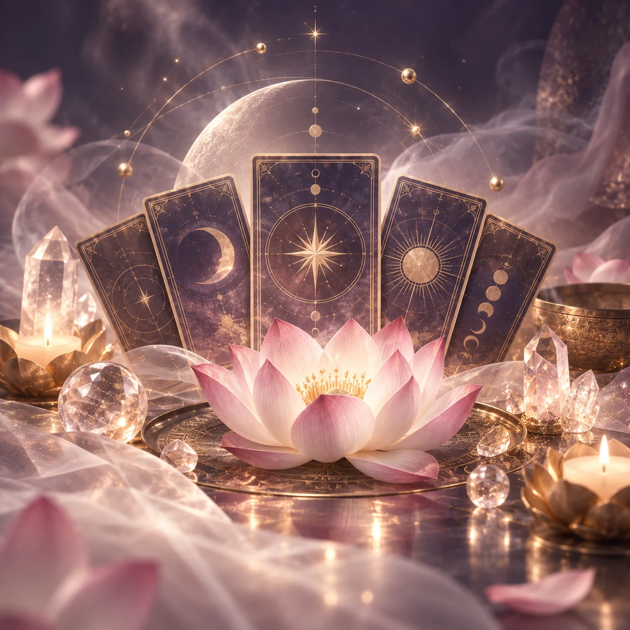 塔羅牌、蓮花與水晶的靈性解讀意象