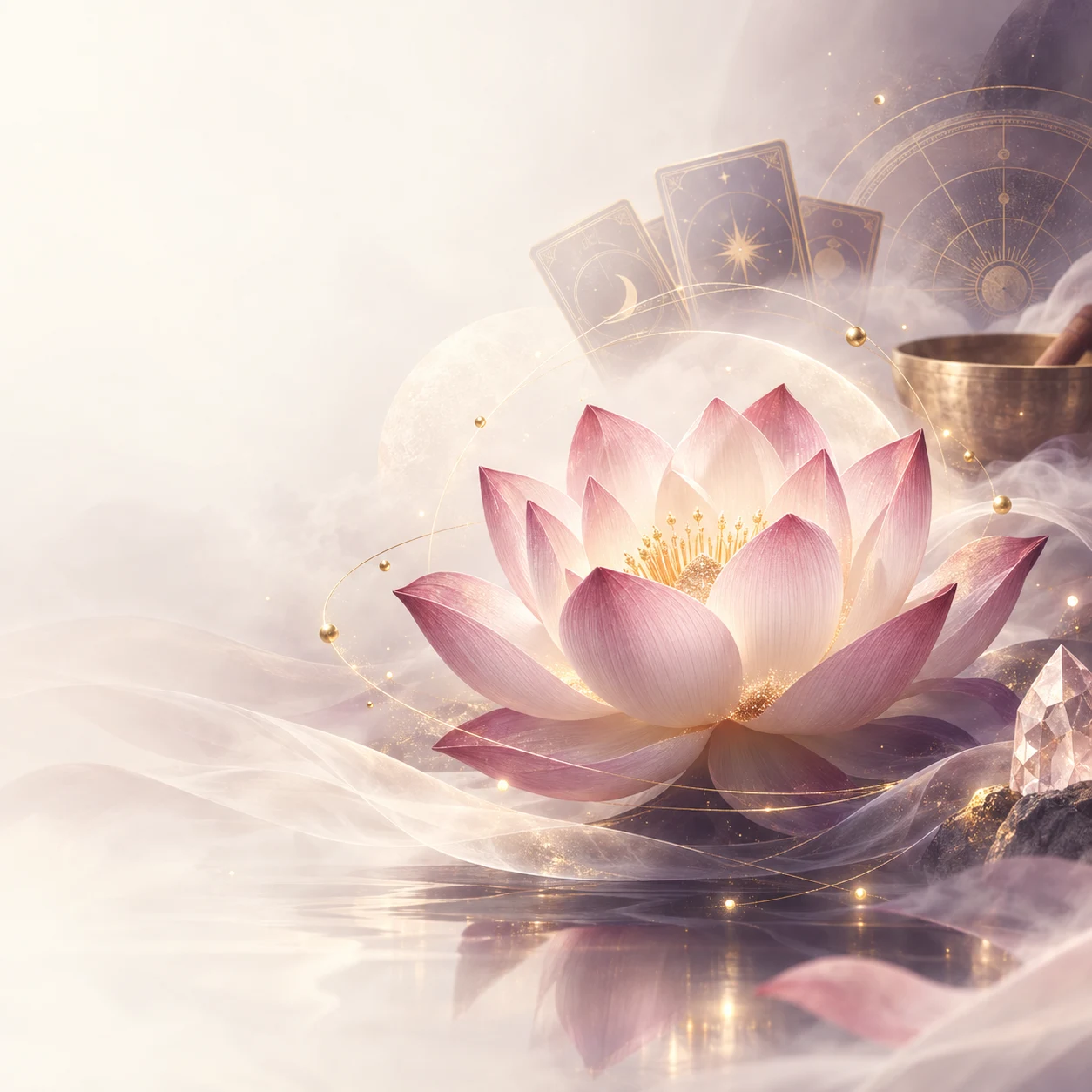 蓮花、塔羅、羅盤、頌缽與水晶組成的天機閣服務意象